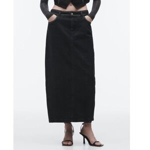 Zara Studded Denim Maxi Skirt Black Y2K Grunge Moto Silver Studs Small